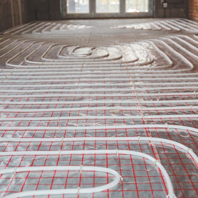 A floor heating system in the middle of construction.